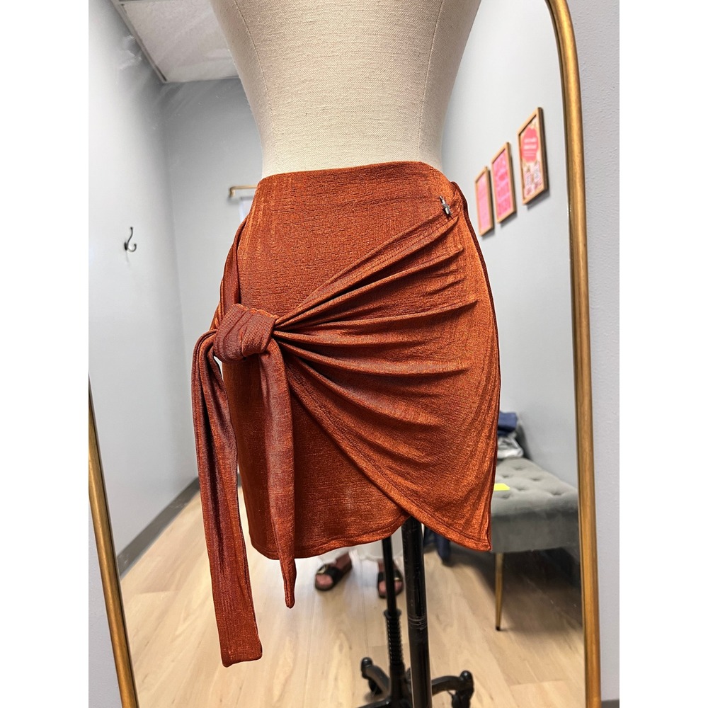 Souvenir Clubbing Mini Skirt Women S Tobacco Rust New Tie Front Metallic N3032